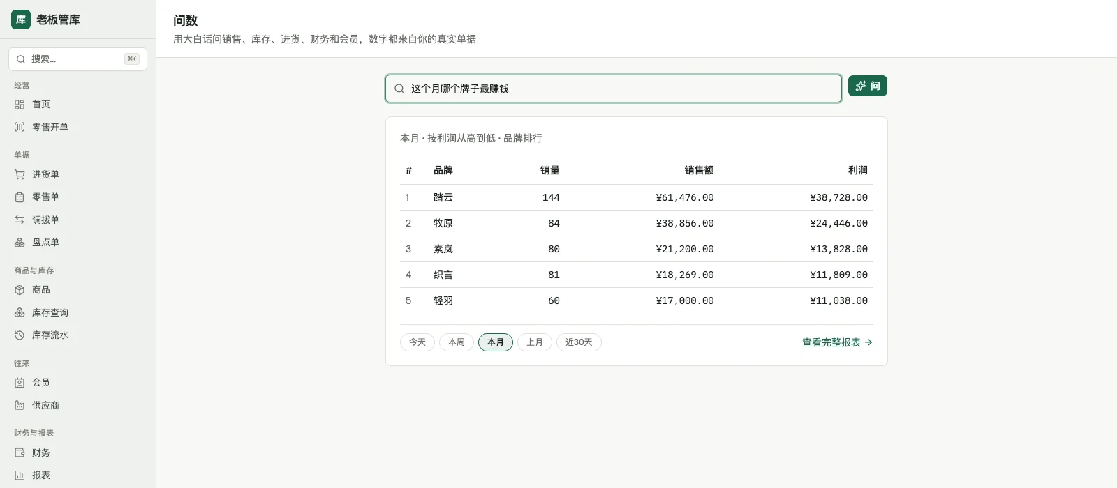 问数：用大白话提问，直接出数字和明细表