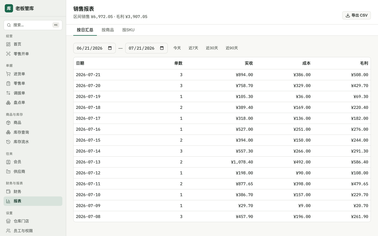 销售报表:按日 / 商品 / SKU 看销量与毛利